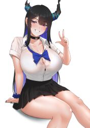 Rule 34 | 1girl, absurdres, alternate costume, asymmetrical horns, black nails, black skirt, blue bow, blue bowtie, blue hair, blush, bow, bowtie, bra visible through clothes, breasts, broken horn, button gap, cipher4109, cleavage, collarbone, collared shirt, colored inner hair, commentary, demon horns, desk, english commentary, fingernails, greyscale, grin, highres, hololive, hololive english, horns, huge breasts, index finger raised, large breasts, long fingernails, long hair, looking at viewer, looking back, loose bowtie, miniskirt, mole, mole on thigh, mole under eye, monochrome, multicolored hair, nerissa ravencroft, on desk, pleated skirt, red eyes, school uniform, scrunchie, shirt, sidelocks, simple background, sitting, skirt, smile, solo, tented shirt, uniform, variant set, very long hair, virtual youtuber, w, white background, white shirt, wrist scrunchie
