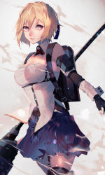 Rule 34 | 1girl, bare arms, bare shoulders, black gloves, blonde hair, blue skirt, breasts, claire victorious, cleavage, detached collar, fingerless gloves, gloves, god eater, god eater 3, highres, looking at viewer, medium breasts, parted lips, pleated skirt, red eyes, sava (sava 023), short hair, skirt, solo, standing, strapless