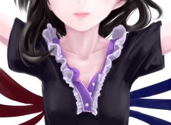 Rule 34 | 1girl, asymmetrical wings, black hair, close-up, collarbone, houjuu nue, lips, out of frame, outstretched arms, shiraishi yuuya, short hair, short sleeves, simple background, solo, spread arms, torso, touhou, white background, wings