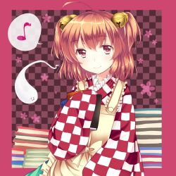 Rule 34 | 1girl, ajiriko, apron, bad id, bad pixiv id, bell, book, book stack, brown eyes, brown hair, framed, ghost, hair bell, hair ornament, japanese clothes, kimono, long sleeves, motoori kosuzu, musical note, quaver, smile, solo, speech bubble, spoken musical note, touhou, two side up, wide sleeves