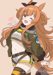 Rule 34 | 1girl, ;d, animal ears, anime coloring, belt, belt buckle, blush, brown background, brown thighhighs, buckle, cel shading, chinese commentary, commentary request, crop top, cropped shirt, green belt, green jacket, green shirt, hand up, heart, highres, horse ears, horse girl, jacket, leg up, long hair, long sleeves, looking at viewer, mayano top gun (umamusume), midriff, navel, one eye closed, open clothes, open jacket, open mouth, orange hair, orange thighhighs, procreate (medium), shirt, short shorts, shorts, sidelocks, simple background, smile, solo, thighhighs, umamusume, white shirt, white shorts, yellow eyes, zeniaguan