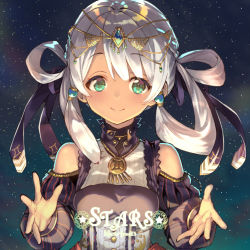 Rule 34 | 1girl, bare shoulders, breasts, circlet, closed mouth, detached sleeves, dress, english text, eyebrows, hair ornament, hair ribbon, hair rings, high collar, jewelry, long hair, looking at viewer, medium breasts, original, outdoors, pendant, puffy detached sleeves, puffy sleeves, purple ribbon, ribbon, shirabi, silver hair, sky, smile, solo, spread fingers, star (sky), starry sky, striped, striped sleeves, upper body
