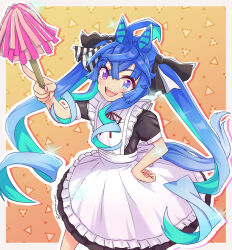 Rule 34 | 1girl, alternate costume, apron, black bow, black dress, blue eyes, blue hair, blush, bow, bowtie, collared shirt, dress, duster, enmaided, frilled apron, frills, gradient hair, hair between eyes, hair bow, heterochromia, highres, horse girl, long hair, looking at viewer, maid, maid apron, monmonmur, multicolored hair, open mouth, outside border, puffy short sleeves, puffy sleeves, purple eyes, red bow, red bowtie, shirt, short sleeves, sidelocks, smile, solo, twin turbo (umamusume), twintails, umamusume, white apron