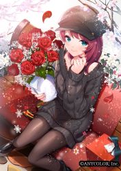 Rule 34 | 1girl, aran sweater, asahina akane (2nd costume) (nijisanji), asahina akane (nijisanji), bench, black hat, black pantyhose, black sweater, blue eyes, blush, boots, bouquet, cable knit, cherry blossoms, copyright name, flower, gift, hat, highres, holding, holding bouquet, jewelry, long hair, long sleeves, necklace, nijisanji, pantyhose, pearl necklace, red hair, rose, shiny clothes, shiny legwear, sitting, smile, snowflakes, solo, sweater, tsukimoto aoi, virtual youtuber