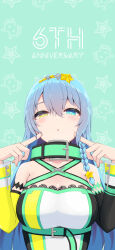 Rule 34 | 1girl, absurdres, anniversary, asymmetrical sleeves, bare shoulders, belt, belt buckle, black sleeves, blue eyes, blue hair, braid, breasts, buckle, cleavage, collar, commentary request, detached sleeves, fingers to cheeks, green background, green belt, green collar, hair ornament, hair over shoulder, hands up, heterochromia, highres, long hair, medium breasts, mismatched sleeves, parted lips, single braid, solo, sophi ly channel, sophia code, star (symbol), star hair ornament, starry background, temari rin, upper body, virtual youtuber, yellow eyes, yellow sleeves