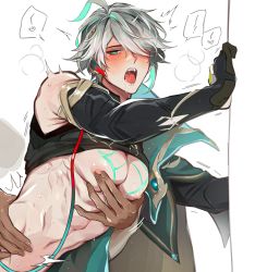Rule 34 | 2boys, abs, alhaitham (genshin impact), aqua hair, armpits, black gloves, blush, breath, detached sleeves, genshin impact, gloves, grabbing, grey hair, hair between eyes, hair over one eye, heart, heart-shaped pupils, highres, hwan (mob hwan), implied sex, male focus, multicolored hair, multiple boys, muscular, muscular male, nipples, nose blush, open mouth, out of frame, pectoral grab, pectorals, saliva, simple background, solo focus, sweat, symbol-shaped pupils, tears, toned, toned male, white background, yaoi