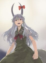 Rule 34 | 1girl, bow, clenched hand, collared dress, commentary request, cowboy shot, dress, ex-keine, fangs, from below, full moon, green dress, hair between eyes, highres, horn bow, horn ornament, horn ribbon, horns, kamishirasawa keine, long hair, moon, neck ribbon, open mouth, puffy short sleeves, puffy sleeves, red bow, red eyes, red ribbon, ribbon, shiratama (hockey), short sleeves, sidelocks, silver hair, solo, tail, teeth, touhou, traditional media, white ribbon