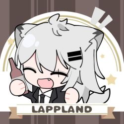 Rule 34 | 1girl, :d, ^ ^, animal ear fluff, animal ears, arknights, black jacket, black necktie, bottle, character name, closed eyes, collared shirt, cropped torso, fang, formal, grey hair, hair between eyes, holding, holding bottle, jacket, lappland (arknights), long hair, long sleeves, necktie, notice lines, open clothes, open jacket, open mouth, shirt, smile, solo, suit, tail, teeth, upper teeth only, white shirt, xijian