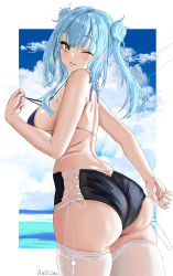 Rule 34 | 1girl, absurdres, anti kumo, ass, azur lane, bare shoulders, blue hair, blush, breasts, highres, huge ass, large breasts, long hair, looking at viewer, neptune (azur lane), one eye closed, smile, solo, swimsuit, thick thighs, thighhighs, thighs, two side up, yellow eyes