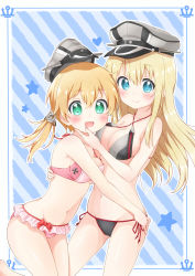 Rule 34 | 2girls, anchor hair ornament, bikini, bismarck (kancolle), black bikini, blonde hair, blue background, blue eyes, blush, bow, bow bikini, breasts, closed mouth, commentary request, criss-cross halter, frilled bikini, frills, green eyes, grey headwear, groin, hair ornament, halterneck, hand on another&#039;s face, hat, highres, hug, kantai collection, leaning forward, leg up, long hair, looking at viewer, medium breasts, medium hair, military hat, multiple girls, naname yr8, navel, open mouth, outside border, partial commentary, peaked cap, pink bikini, prinz eugen (kancolle), side-tie bikini bottom, small breasts, smile, standing, standing on one leg, star (symbol), string bikini, striped, striped background, swimsuit, twintails