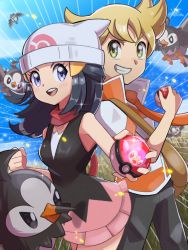 Rule 34 | 1boy, 1girl, bag, barry (pokemon), beak, beanie, blonde hair, blue eyes, blush, collarbone, creatures (company), dawn (pokemon), day, dress, emphasis lines, game freak, gen 4 pokemon, grass, hair ornament, hat, highres, holding, holding poke ball, inana umi, looking at another, messenger bag, nintendo, open mouth, piplup, poke ball, poke ball (basic), pokemon, pokemon (creature), pokemon dppt, scarf, shoulder bag, sky, smile, starly, teeth, v-shaped eyebrows, wings