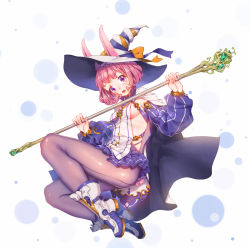 Rule 34 | 1girl, :o, animal ears, belt, blue ribbon, blue skirt, blush, boots, breasts, cape, circle, crystal, detached sleeves, ears through headwear, eyebrows, eyelashes, fangxiang cuoluan, freckles, frills, from side, full body, hat, hat ribbon, holding, holding staff, jewelry, jumping, knee boots, looking at viewer, microskirt, original, pantyhose, pendant, pleated skirt, purple eyes, rabbit ears, ribbon, short hair, sideboob, skirt, small breasts, solo, staff, white background, white hat, witch, witch hat, yellow ribbon