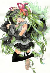 Rule 34 | 1girl, absurdres, detached sleeves, green eyes, green hair, hair ribbon, hatsune miku, headphones, highres, issun boushi, issun boushi (ilmtkimoti), legs, long hair, matching hair/eyes, microphone, microphone stand, necktie, ribbon, shoes, skirt, smile, sneakers, solo, thighhighs, traditional media, twintails, very long hair, vocaloid, wings, zettai ryouiki