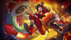 Rule 34 | 1girl, ;d, black hair, brown eyes, copyright request, double bun, dragon, drum, fingerless gloves, fireworks, foreshortening, gloves, hair ornament, hand on head, instrument, li qian, looking at viewer, official art, one eye closed, open mouth, red footwear, running, shoes, smile