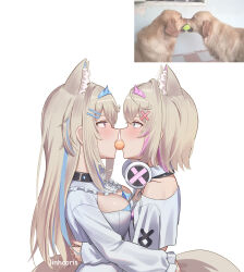 2girls absurdres animal_ear_fluff animal_ears blonde_hair blue_eyes blue_hair blue_hairband breasts dog_ears dog_girl dog_tail donut eye_contact food food_in_mouth fuwawa_abyssgard hair_ornament hairband headphones headphones_around_neck highres hololive hololive_english linhcoris long_hair looking_at_another medium_breasts medium_hair mococo_abyssgard multicolored_hair multiple_girls photo-referenced photo_inset pink_hairband pon_de_ring shirt siblings sisters small_breasts spiked_hairband spikes streaked_hair tail twins virtual_youtuber white_shirt x_hair_ornament yuri