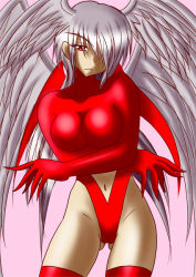 Rule 34 | 1girl, angel wings, bodysuit, breast hold, breasts, clothing cutout, contrapposto, cowboy shot, crossed arms, eyes visible through hair, feathers, female focus, final fantasy, final fantasy tactics, frown, gloves, grey hair, groin, hair over one eye, head wings, highleg, highleg leotard, large breasts, leotard, lev (zax), long hair, looking at viewer, navel, navel cutout, purple background, red eyes, red thighhighs, simple background, solo, standing, thighhighs, turtleneck, twintails, ultima (fft), very long hair, wings, zax