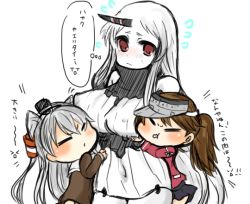 Rule 34 | 10s, 3girls, :t, = =, abyssal ship, amatsukaze (kancolle), bad id, bad pixiv id, blush, breast envy, breasts, brown hair, dress, girl sandwich, grey hair, hair tubes, hairband, horns, kantai collection, large breasts, long hair, multiple girls, pale skin, pue (bunbunbun88888), red eyes, ribbed dress, ribbed sweater, ryuujou (kancolle), sandwiched, seaport princess, short dress, single horn, skirt, sweater, sweater dress, translation request, twintails, two side up, visor cap