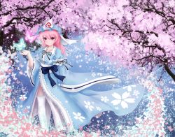 Rule 34 | 1girl, arm at side, arm ribbon, breasts, bug, butterfly, cherry blossoms, frilled kimono, frills, hand up, hat, highres, insect, japanese clothes, kimono, light particles, liulang no a qiang, long hair, long sleeves, mob cap, obi, open clothes, open kimono, petals, pink eyes, pink hair, ribbon, saigyouji yuyuko, sash, solo, standing, thighhighs, thighs, touhou, tree, triangular headpiece, veil, white thighhighs, wide sleeves, wind