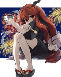Rule 34 | 1girl, aerial fireworks, bad feet, barefoot, black kimono, black wings, closed mouth, commission, demon tail, demon wings, fireworks, food, full body, geta, hair between eyes, head wings, highres, holding, holding spoon, japanese clothes, kimono, koakuma, long hair, long sleeves, red eyes, red hair, skeb commission, smile, solo, spoon, tail, touhou, uisu (noguchipint), wide sleeves, wings