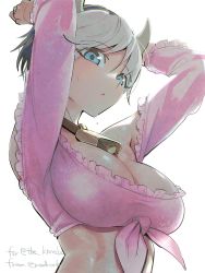 Rule 34 | 1girl, :o, arms up, artist name, bare shoulders, black hair, blue eyes, breasts, cleavage, collarbone, commentary, cow horns, crop top, english commentary, frilled sleeves, frills, front-tie top, gift art, grey background, grey hair, highres, horns, large breasts, long sleeves, looking at viewer, looking down, neck bell, noah (tettsui-sole), original, pink shirt, shirt, short hair, simple background, solo, sweat, upper body, white background