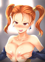 Rule 34 | grabbing another&#039;s breast, breast hold, breasts, breasts out, dragon quest, dragon quest viii, earrings, fuyube rion, grabbing, grabbing own breast, highres, jessica albert, jewelry, orange hair, presenting, smug, twintails