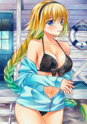 Rule 34 | 1girl, alternate hair color, bikini, black bikini, black hairband, black scrunchie, blonde hair, blue eyes, blue hair, blue jacket, blush, braid, braided ponytail, breasts, cleavage, clothes down, collarbone, cowboy shot, fate/grand order, fate (series), floating hair, front-tie bikini top, front-tie top, gradient hair, grin, hair between eyes, hair ornament, hair scrunchie, hairband, jacket, jeanne d&#039;arc (fate), jeanne d&#039;arc (ruler) (fate), jeanne d&#039;arc (swimsuit archer) (fate), jeanne d&#039;arc (swimsuit archer) (first ascension) (fate), long hair, medium breasts, multicolored hair, navel, open clothes, open jacket, outdoors, own hands together, partially unzipped, pastel (medium), ponytail, print bikini, scrunchie, sideboob, single braid, smile, solo, standing, swimsuit, very long hair, yuto takumi