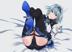 Rule 34 | 1girl, blue hair, boots, eula (genshin impact), feet up, genshin impact, hairband, highres, long hair, looking at viewer, smile, tainted ghost
