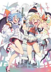 Rule 34 | bat wings, blonde hair, blue hair, boots, cross, fang, flandre scarlet, frills, gloves, hat, highres, looking at viewer, maid, moon, morino hon, nurse, open mouth, reaching, reaching towards viewer, red eyes, remilia scarlet, shoes, shorts, siblings, sisters, slit pupils, syringe, thighhighs, touhou, wings, wrist cuffs