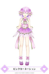 Rule 34 | 1girl, :d, ^ ^, arms at sides, bare shoulders, closed eyes, company name, d-pad, dress, facing viewer, flower, full body, gloves, hair between eyes, hair flower, hair ornament, hairclip, halterneck, highres, neptune (neptunia), neptune (series), official art, open mouth, parted bangs, purple dress, purple hair, ribbon-trimmed dress, see-through, short hair, simple background, sleeveless, smile, solo, white background