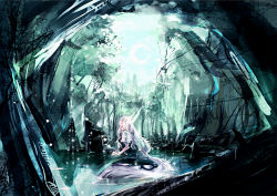 Rule 34 | 1girl, cis (carcharias), crescent moon, ex-keine, female focus, forest, horns, kamishirasawa keine, light, looking up, moon, nature, outdoors, profile, sky, solo, touhou, water