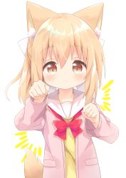 Rule 34 | 1girl, absurdres, animal ear fluff, animal ears, bow, bowtie, brown eyes, closed mouth, commentary request, hair between eyes, hair ribbon, highres, jacket, light brown hair, long hair, long sleeves, looking at viewer, nakkar, open clothes, open jacket, original, paw pose, pink jacket, ponytail, red bow, red bowtie, ribbon, shirt, simple background, smile, solo, tail, tail raised, white background, white ribbon, yellow shirt