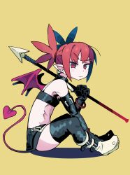 Rule 34 | 1girl, bad id, bad pixiv id, bat wings, boots, bracelet, demon girl, demon tail, disgaea, earrings, elbow gloves, etna (disgaea), gloves, highres, jewelry, pointy ears, polearm, red eyes, red hair, sitting, skirt, solo, spear, tail, the omoti, thigh boots, thighhighs, twintails, weapon, wings