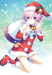 Rule 34 | 10s, 1girl, bad id, bad pixiv id, bell, boots, detached sleeves, female focus, gradient background, green background, hat, light purple hair, looking at viewer, narinn, neptune (neptunia), neptune (series), purple eyes, purple hair, red footwear, red hat, santa costume, santa hat, short hair, smile, snowflake background, solo, v