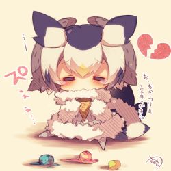 Rule 34 | 10s, 1girl, = =, bird tail, black hair, blush, broken heart, chibi, closed eyes, coat, commentary request, facing viewer, food, fur-trimmed coat, fur-trimmed sleeves, fur collar, fur trim, grey coat, hair between eyes, head wings, heart, holding, holding food, ice cream, ice cream cone, kemono friends, muuran, no shoes, northern white-faced owl (kemono friends), orange hair, pantyhose, signature, sitting, solo, tail, tears, translation request, triple scoop, white hair, white pantyhose, wings