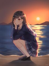 1girl absurdres backlighting beach black_hair brown_eyes closed_mouth earrings hair_ornament hairclip highres hitomi118 jacket jewelry kneehighs loafers long_hair long_sleeves looking_at_viewer necktie ocean outdoors plaid_clothes plaid_skirt pleated_skirt project_sekai school_uniform shiraishi_an shirt shoes skirt socks solo squatting star_(symbol) star_hair_ornament sun sunset vivid_bad_squad_(project_sekai) water white_socks