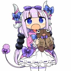 Rule 34 | 10s, 1girl, adapted costume, beads, blue eyes, blush, bow, capelet, commentary request, dragon girl, dragon horns, dress, hair beads, hair bow, hair ornament, hairband, holding, horn bow, horn ornament, horns, kanikama, kanna kamui, kobayashi-san chi no maidragon, light purple hair, lolita fashion, long hair, lowres, simple background, solo, tail, tail bow, tail ornament, thighhighs, twintails, white background, white thighhighs