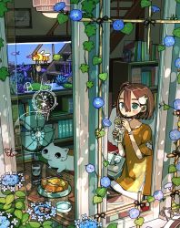 Rule 34 | 1girl, absurdres, bee, black by blue brave, blue flower, blush, brown hair, bug, butterfly, cat, cherry, cup, drink, drinking straw, fish, fish tank, flower, food, fruit, grey eyes, hair behind ear, hair between eyes, hair ornament, hairclip, highres, hydrangea, indoors, insect, leaf, original, plant, plate, shadow, shelf, short hair, solo, stairs, tao (tao15102), vines, watch, white cat, window, wristwatch