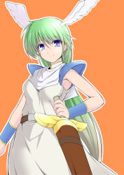 Rule 34 | 1girl, armlet, armor, armpits, belt, blue eyes, bracer, breasts, capelet, commentary request, cowboy shot, dalk (alicesoft), dress, eyelashes, eyes visible through hair, green hair, hair between eyes, hand on sword, hassen (8cm), head wings, long hair, looking at viewer, orange background, scabbard, sheath, shoulder pads, sigrun (dalk), simple background, sleeveless, sleeveless dress, small breasts, smile, solo, standing, sword, very long hair, weapon, white dress, white wings, wings