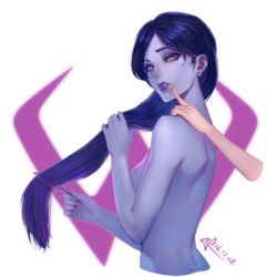 Rule 34 | 1girl, 2016, back, blue hair, breasts, brushing hair, brushing own hair, cheek poking, colored skin, comb, completely nude, cropped arms, cropped torso, dated, earrings, eyelashes, from side, hair down, hand on another&#039;s shoulder, holding, holding hair, jewelry, lipstick, logo, long hair, looking at viewer, looking to the side, makeup, medium breasts, nail polish, nude, orange nails, overwatch, overwatch 1, parted lips, pink nails, poking, purple hair, purple lips, purple skin, shoulder blades, sideboob, slit pupils, solo focus, squidsmith, stud earrings, tracer (overwatch), white background, widowmaker (overwatch), yellow eyes