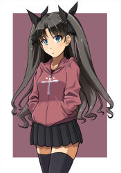 Rule 34 | 1girl, :&lt;, alto-00, black hair, black shirt, black skirt, black thighhighs, breasts, fate/stay night, fate (series), hair ribbon, highres, hood, hooded jacket, jacket, long hair, long sleeves, ribbon, shirt, skirt, small breasts, solo, thighhighs, tohsaka rin, two side up