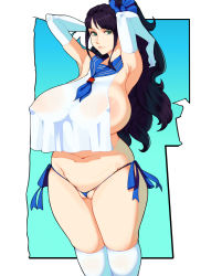 Rule 34 | 1girl, 47 hard, areola slip, arms up, black hair, blue background, blue eyes, breasts, cleft of venus, highres, huge breasts, looking at viewer, micro panties, nico robin, one piece, panties, partially visible vulva, sailor collar, see-through, simple background, tagme, underwear