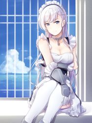Rule 34 | 1girl, azur lane, belfast (azur lane), blue eyes, blush, braid, breasts, chain, cleavage, collar, collarbone, commentary request, french braid, gloves, large breasts, long hair, looking at viewer, maid, maid headdress, morugen, silver hair, sitting, smile, solo, thighhighs, white thighhighs