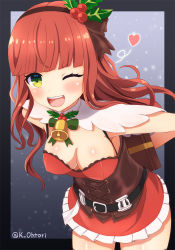 Rule 34 | 1girl, arms behind back, bell, belt, black belt, blunt bangs, blush, box, breasts, christmas, cleavage, corset, cowboy shot, de ruyter (kancolle), dress, frills, gift, gift box, gradient background, green eyes, grey background, hair ornament, hairband, heart, holly, holly hair ornament, kantai collection, long hair, medium breasts, no bra, one eye closed, ootori (kyoya-ohtori), open mouth, outside border, red hair, santa costume, santa dress, snow, snowing, solo, spoken heart, standing, teeth, thighhighs, thighs, twitter username, upper teeth only, wavy hair