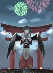 Rule 34 | 1girl, absurdres, aerial fireworks, asetiren 33, black hair, black wings, blush, breasts, bridal gauntlets, closed eyes, commentary request, double bun, elbow gloves, feathered wings, feet out of frame, fireworks, gloves, hair bun, hakama, hakama pants, hat, headpiece, highres, hip vent, interlocked fingers, japanese clothes, kimono, large breasts, long hair, looking at viewer, nijisanji, obi, outdoors, own hands clasped, own hands together, pants, red gloves, sash, short kimono, solo, tokin hat, torii, twintails, underbust, virtual youtuber, white kimono, wings, yamagami karuta, yamagami karuta (1st costume)