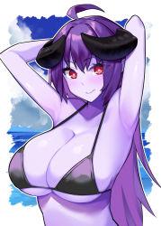 Rule 34 | 1girl, ahoge, armpits, arms up, arunira, bikini, black bikini, black horns, blue skin, border, breasts, brll, closed mouth, colored skin, commentary request, demon girl, demon horns, highres, horns, large breasts, light blush, long hair, looking at viewer, original, purple hair, red eyes, smile, solo, swimsuit, upper body, wavy mouth, white border