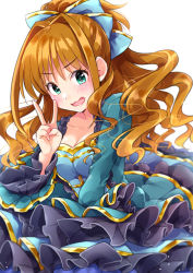 Rule 34 | 1girl, blue bow, bow, breasts, brown hair, cleavage, collarbone, dress, floating hair, green eyes, hair between eyes, hair bow, high ponytail, hino akane (idolmaster), idolmaster, idolmaster cinderella girls, layered dress, long hair, long sleeves, medium breasts, open mouth, simple background, solo, trente, v, white background