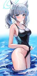 Rule 34 | 1girl, absurdres, animal ear fluff, animal ears, bare arms, bare shoulders, black one-piece swimsuit, blue archive, blue eyes, blush, breasts, cleavage, closed mouth, clothes lift, competition swimsuit, cowboy shot, earrings, extra ears, frontal wedgie, grey hair, groin, hair ornament, halo, highres, jewelry, large breasts, lifted by self, long hair, looking at viewer, mismatched pupils, navel, official alternate costume, one-piece swimsuit, revision, sak (lemondisk), shiroko (blue archive), shiroko (swimsuit) (blue archive), sideboob, sidelocks, solo, standing, swimsuit, swimsuit lift, wading, water, wedgie, wet, white background, wolf ears, x hair ornament
