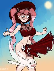 Rule 34 | 1girl, bikini, breasts, clothes lift, devil fruit, ghost, highres, horo horo no mi, large breasts, long hair, one piece, perona, pink hair, skirt, skirt lift, solo, swimsuit, very long hair