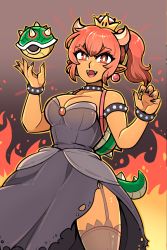 Rule 34 | 1girl, armlet, black dress, black thighhighs, bowsette, bracelet, breasts, cleavage, collar, dark-skinned female, dark skin, dress, fangs, female focus, fire, garter straps, highres, horns, jen-jen rose, jewelry, large breasts, looking at viewer, mario (series), nail polish, new super mario bros. u deluxe, nintendo, open mouth, ponytail, red eyes, red hair, smile, solo, spiked armlet, spiked bracelet, spiked collar, spiked shell, spiked tail, spikes, standing, super crown, tail, thighhighs, thighs, turtle shell