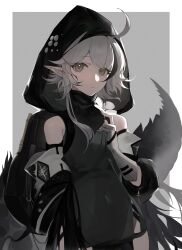Rule 34 | 1girl, absurdres, arknights, backpack, bag, bare shoulders, black bag, black hair, black hood, black shirt, closed mouth, commentary request, covered navel, cowboy shot, cowlick, crocodilian tail, expressionless, flower, gloves, grey gloves, grey hair, hand up, highres, holding, holding flower, hood, hood up, komm-sussertod, large tail, long hair, looking at viewer, multicolored hair, partially fingerless gloves, pointy ears, shirt, solo, streaked hair, tail, tomimi (arknights), torn clothes, turtleneck, waist cutout, white flower
